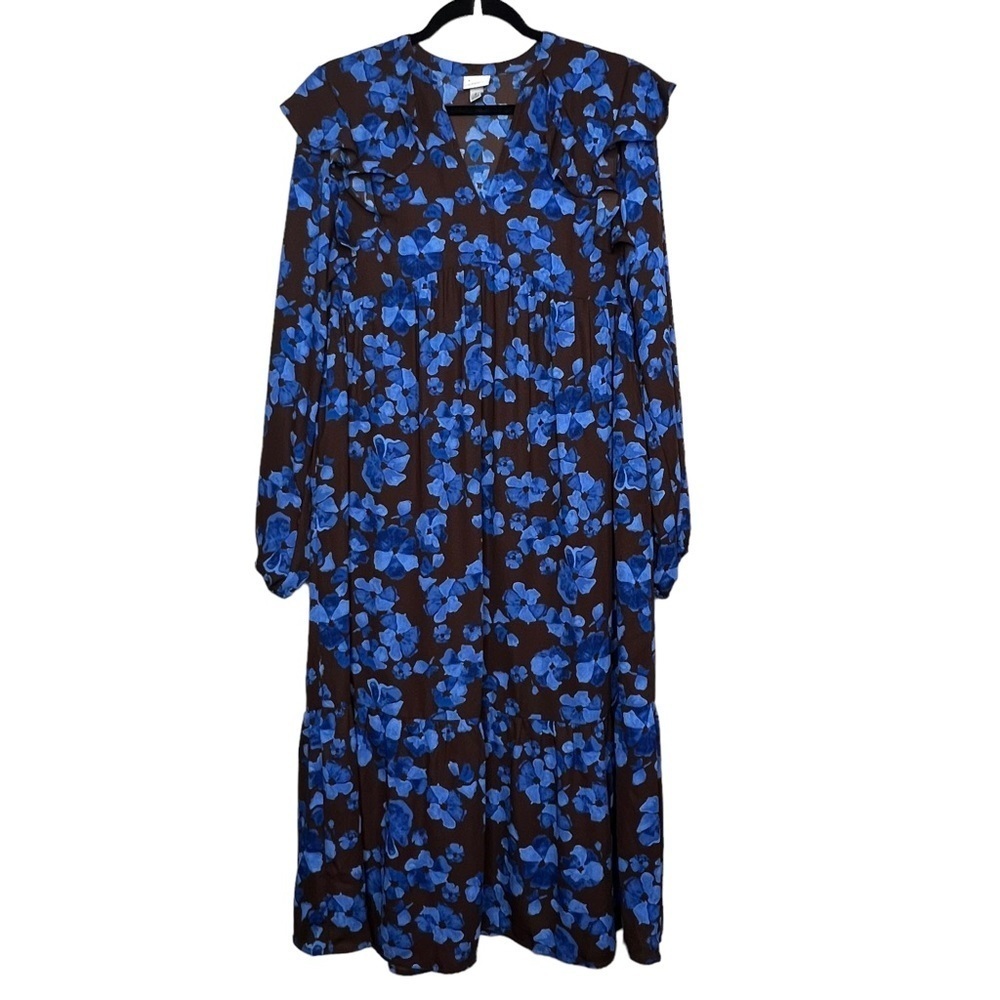 A New Day Womens S Brown Blue Floral Dress Long Sleeve Ruffle Hem Midi Pockets